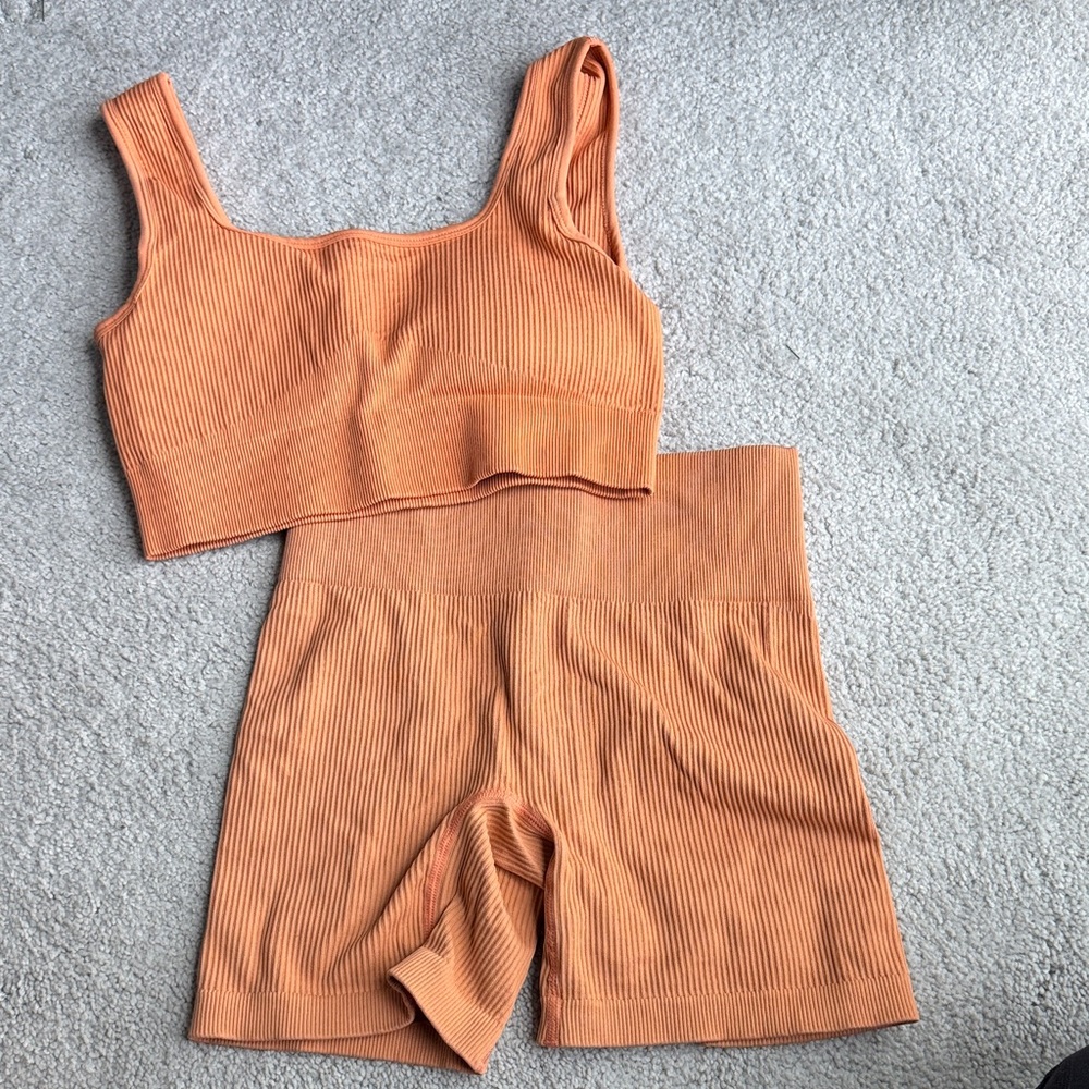 Seamless Ribbed Crop Tank & High-Waist Shorts Set - Orange